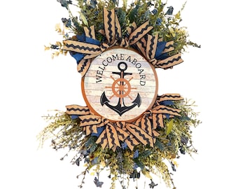 Nautical Welcome Aboard Anchor Wreath, Coastal Front Door Decor, Navy and Burlap Bow Wreath, Beach House Wreath Summer