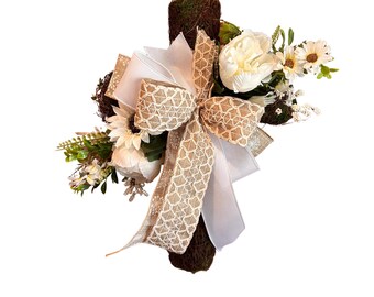 Rustic Moss Cross Wreath, Floral Cross Wall Decor, Burlap Bow Easter Cross, Christian Decor, Sympathy Memorial Gravesite Cross, Farmhouse