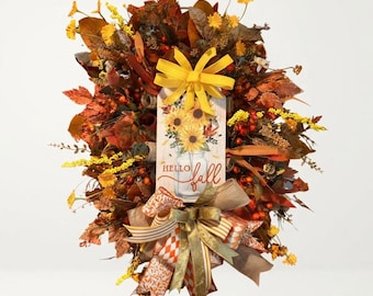 Sunflower Mason Jar Teardrop Wreath | Rustic Farmhouse Style | Fall Door Decor | Burlap Satin Ribbon | Autumn Floral Accent