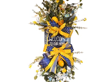 Lemon Welcome Wreath for Front Door, Yellow and Blue Spring Swag, Polka Dot Bow Wreath, Farmhouse Door Decor Handmade