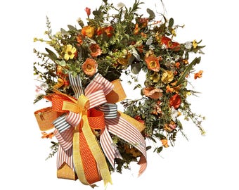 Orange Wildflower Front Door Wreath, Summer Garden Wreath, Rustic Farmhouse Floral Wreath, Warm Autumn Wildflower Wreath, Cottage Garden