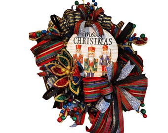 Nutcracker Christmas Wreath, Merry Christmas Sign Wreath, Multicolor Holiday Door Decor, Handmade Glitter Bow Wreath