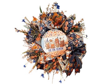 Fall Pumpkin Spice Wreath – Autumn Front Door Decor, Tis The Season Sign, Rustic Orange & Blue Wreath for Halloween or Thanksgiving, Handmad