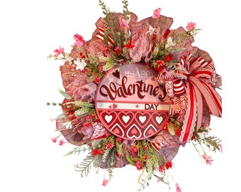 Valentine’s Day Wreath – Red and Pink Floral Heart Wreath with Bow, Handmade Door Décor, Romantic Holiday Decoration, Front Door Wreath