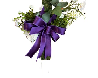 Moss Cross with Purple Satin Bow, Floral Cross Wreath, Christian Home Decor, Easter, Sympathy Memorial Cross with prongs for gravesite