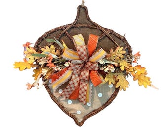 Fall Acorn Leaf Wreath with Burlap and Autumn Florals, Rustic Autumn Door Decor, Thanksgiving Wreath, Harvest-Themed Bow Wreath Handmade