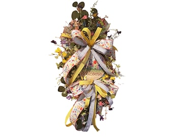 Spring Wildflower Door Swag, Floral Welcome Swag Wreath, Cottage Garden Front Door Decor, Yellow Butterfly Spring Summer Swag