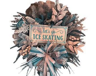 Let’s Go Ice Skating Wreath – Winter Front Door Decor, Ice Skates Sign Wreath, Silver Blue Glitter Ribbon Wreath, Snowy Pine Decor