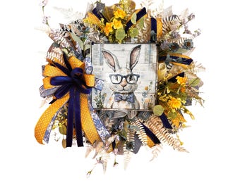 Easter Bunny Wreath with Glasses, Yellow and Navy Spring Wreath, Funny Bunny Front Door Decor, Handmade Easter Wreath with Bow Tie