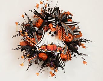 Ghost Pumpkin Front Door Wreath | Spooky Cute Halloween Decor | Fall Door Decoration | Deco Mesh Ribbon | Candy Corn Ghost Accents