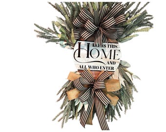 Bless This Home Wreath for Front Door, Farmhouse Style Welcome Wreath, Year-Round Rustic Door Decor, Housewarming Gift Idea