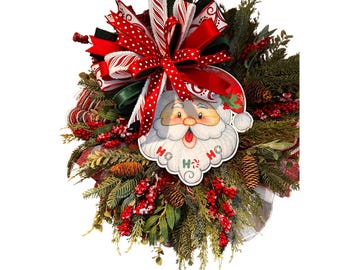 Santa Claus Christmas Wreath, Red and Green Holiday Door Decor, Ho Ho Ho Wreath with Berries and Pinecones, Handmade Santa Wreath