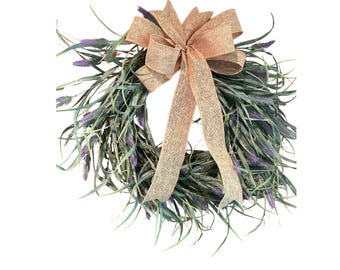 Lavender Greenery Wreath with Burlap Bow, Rustic Farmhouse Spring Wreath