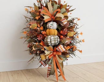 Stacked Pumpkin Fall Door Swag | Rustic Farmhouse Style | Autumn Thanksgiving Decor | Fabric Pumpkin Deco Mesh Wreath