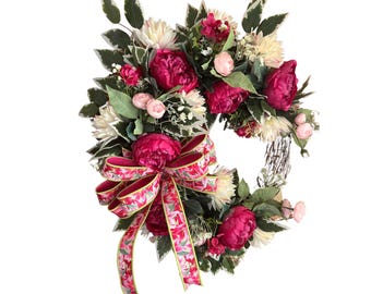 Pink Peony and Cream Dahlia Wreath for Front Door, Handmade Spring Floral Wreath, Summer Door Decor, Grapevine Wreath with Bow