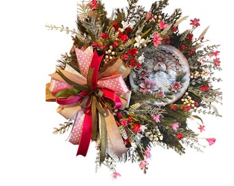 Angel Christmas Wreath for Front Door – Pink Gold Holiday Wreath with Sign, Winter Wreath with Berries, Elegant Christmas Decor