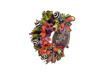 Colorful Halloween Wreath with Trick or Treat Sign – Handmade Spooky Décor, Halloween Door Wreath, Halloween Ribbon Wreath, Front Door