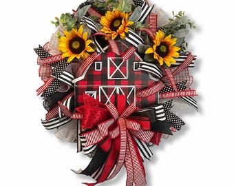 Sunflower Barn Sign Wreath | Country Sunflower Wreath | Late Summer Sunflower Wreath | Fabric Ribbon Bow Wreath | Front Door Decor