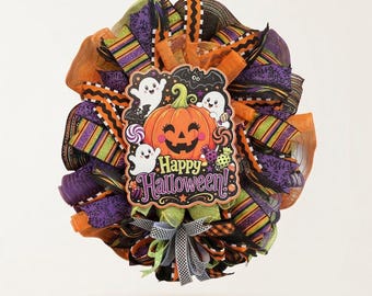 Jack O Lantern Ghost Wreath | Whimsical Halloween Door Wreath | Halloween Front Door Decoration | Deco Mesh Striped and Zig Zag Ribbons