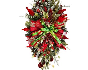 Christmas Teardrop Swag – Red Green Front Door Swag, Holiday Floral Decor, Glitter Ribbon Swag, Christmas Entryway Decoration