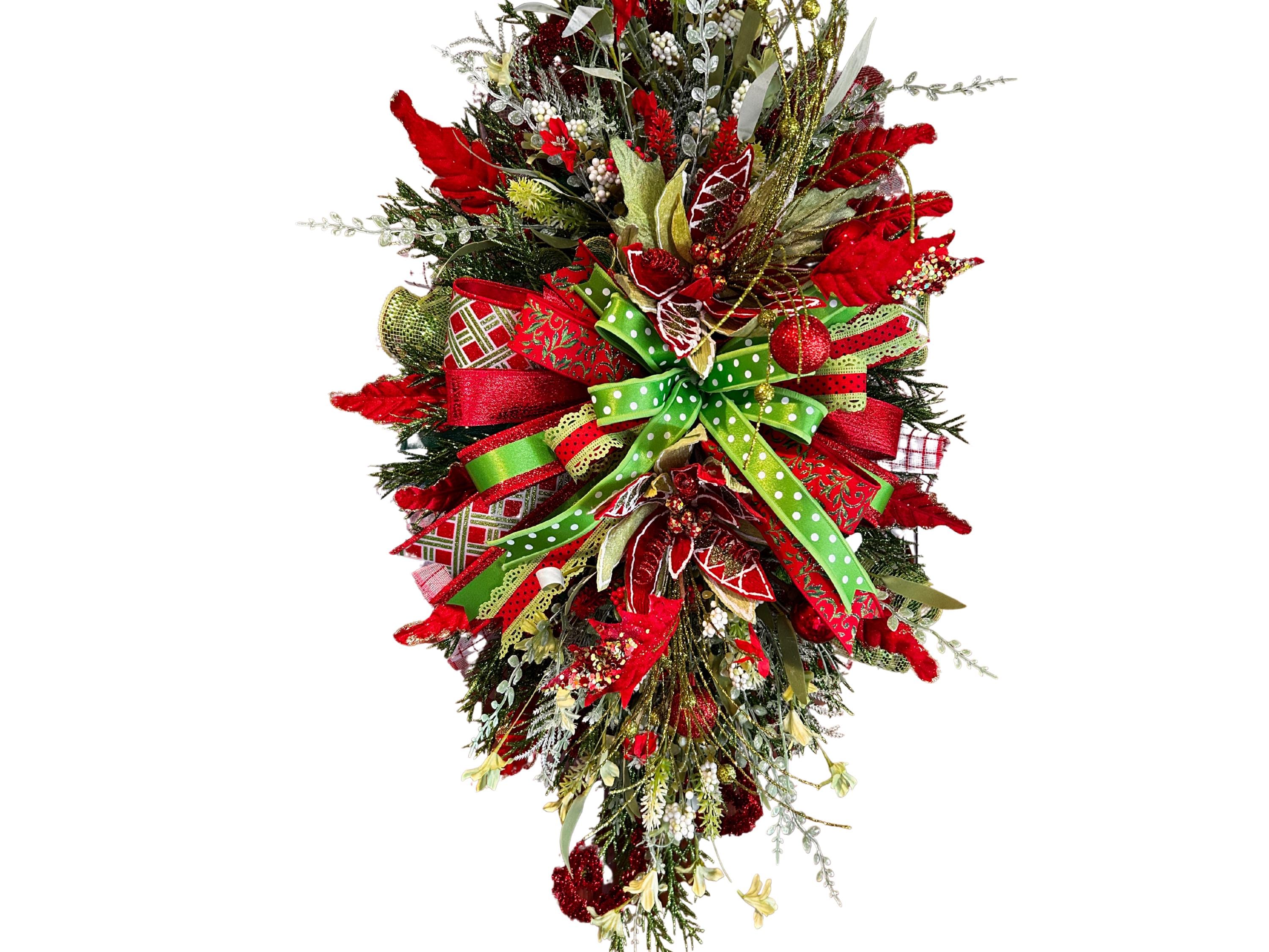 Christmas Teardrop Swag - Red Green Front Door Swag, Holiday Floral…