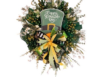 Handmade St. Patrick’s Day Ribbon Wreath – Shamrock Decor, Green and White Door Wreath, Irish Celebration Decoration