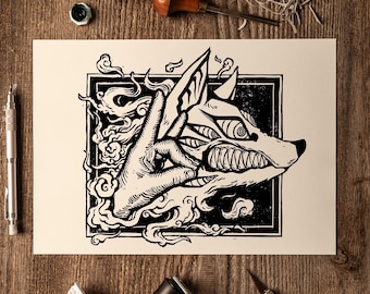 Chainsaw Man Fox Devil Kon - Linocut A4 Print