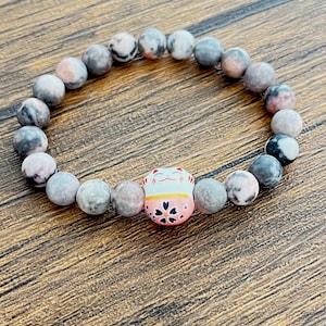 Lucky Cat Maneki Neko Bracelet 8mm Pink Zebra Jasper Bead Good Luck Fortune Prosperity Wealth Financial Success Protection Safety Prosperity