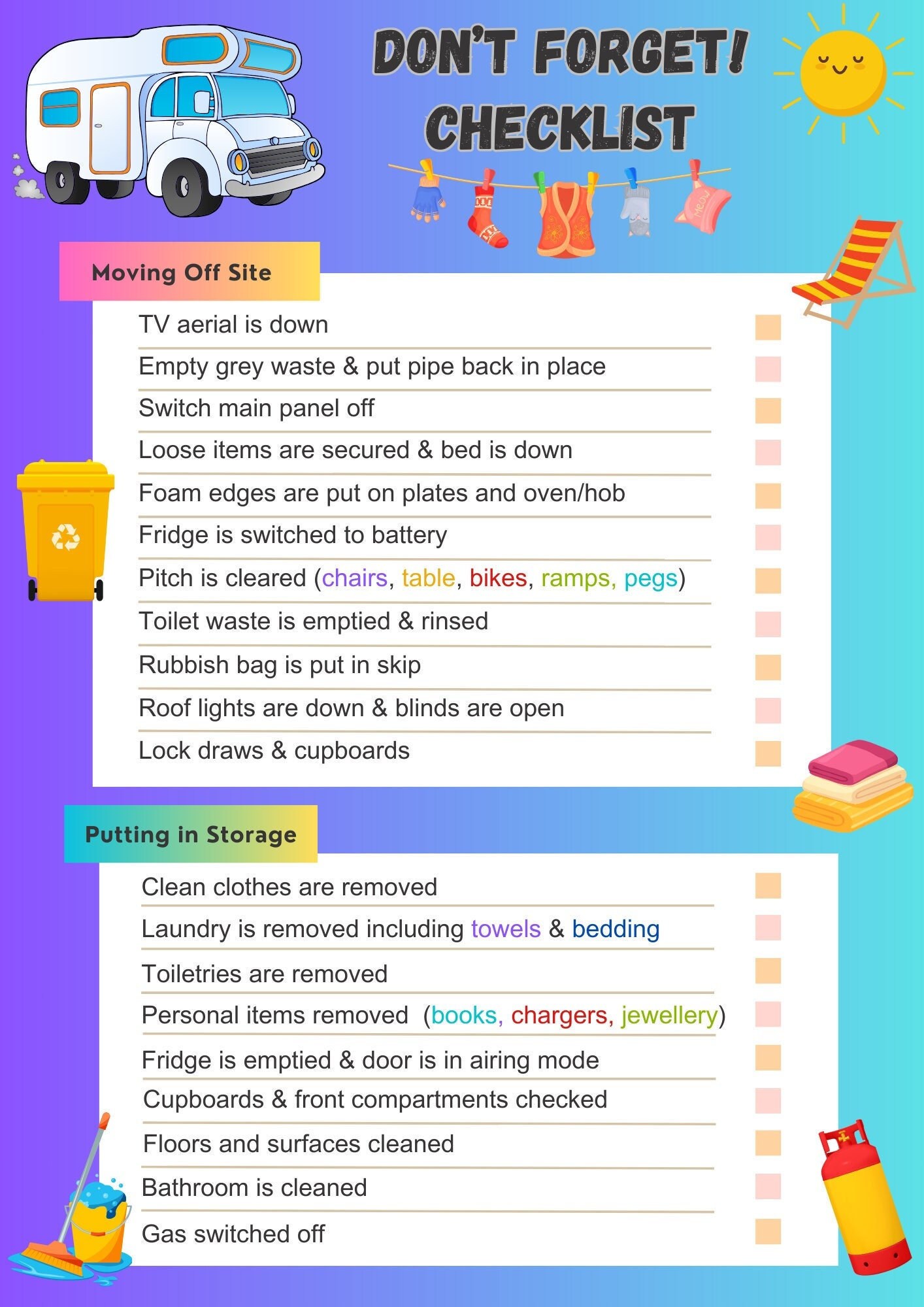 Motorhome Checklist (when leaving site)