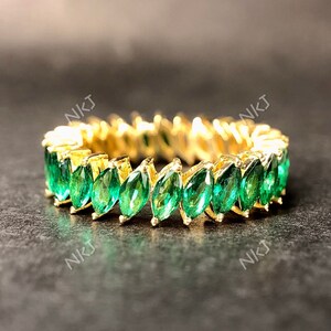 Vintage Moissanite Green Marquise Wedding Band Women Yellow Gold Cluster Full Eternity Stacking Art Deco Unique Promise Anniversary Band