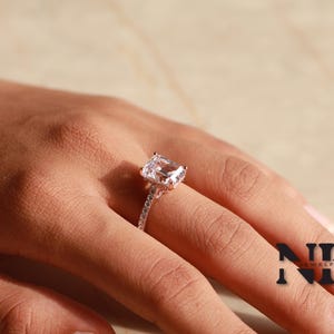 Hidden Halo Engagement Ring | 2 Carat Emerald Cut Moissanite Diamond Ring | Engagement Ring | Wedding Ring | Step Cut Moissanite | Gift
