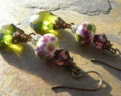 Artisan lampwork and baroque cut Olive green Swarovski crystal wire wrapped EARRINGS