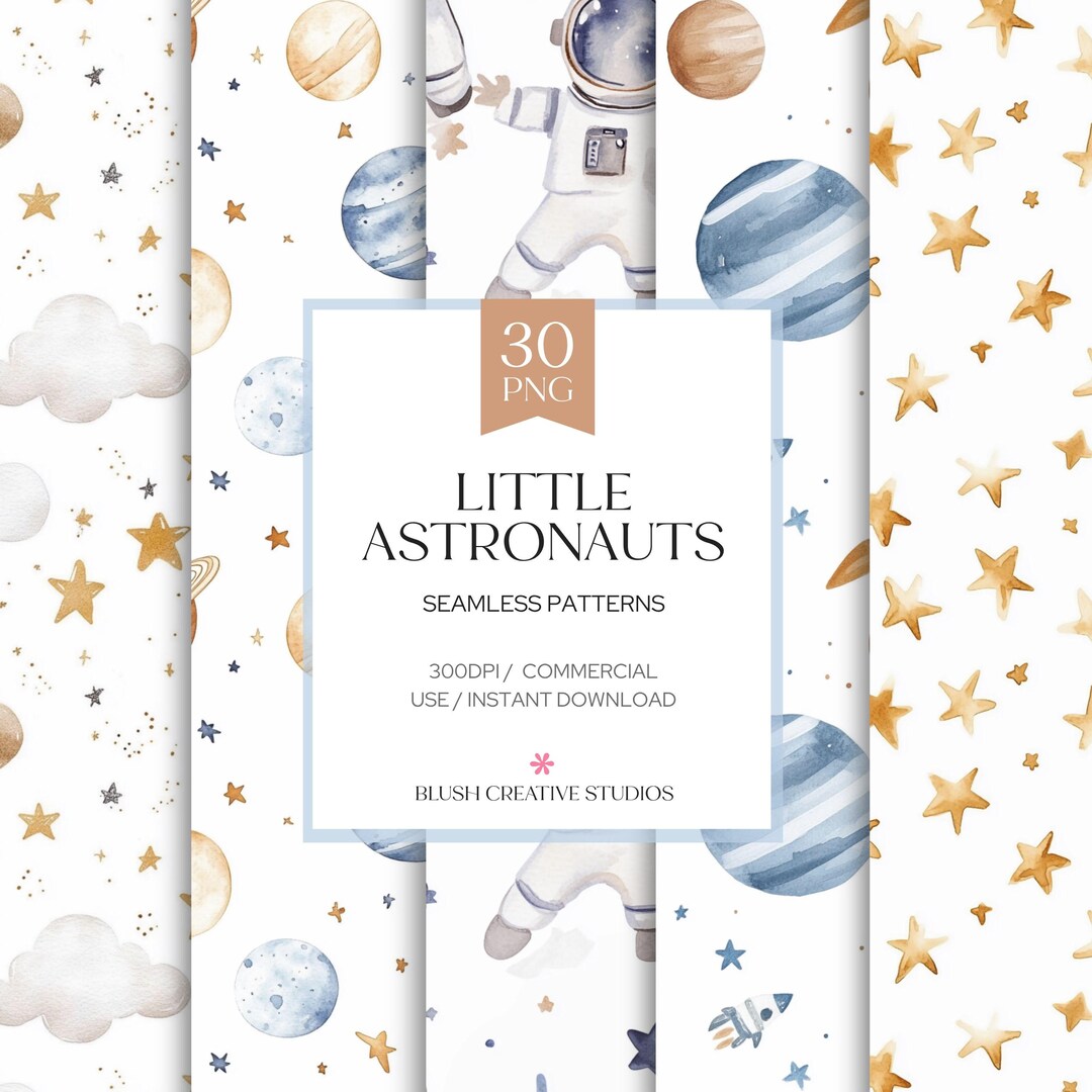 Watercolor Astronaut Seamless Patterns, Space Planets Rocket Nursery ...