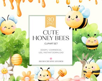 Watercolor Honey Bee Clipart Bundle, Spring Garden Graphics, Nursery Decor (Digital Download)
