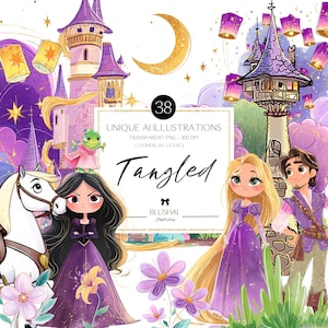 Schattige Rapunzel-clipart, schattige prinses-clipart, sprookjesachtige clipart, verwarde kunst, toren, Pascal, Maximus, schattige kinderen kunst, commercieel gebruik, png