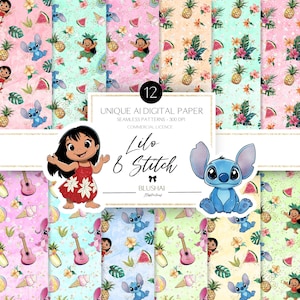 Digitaal papier lilo en stitch, naadloze bestanden, stoffenbenodigdheden voor kinderen, POD-benodigdheden, naadloze bestanden lilo en stitch, tropische patronen