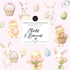 Cute Easter Bunny and Chick Clipart Set, Easter Clipart, Bunny Clipart, Cute Chicks, Easter Eggs, Spring Clipart, Tulips, Pastel Colors