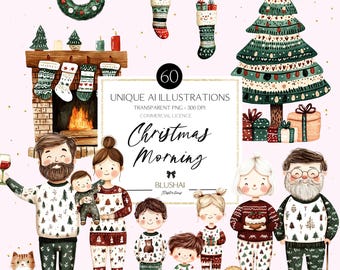 Peut inclure: Illustration numérique de Noël avec une famille en pyjama assorti, un sapin décoré, une cheminée, des chaussettes et des cadeaux. Le texte indique "Christmas Morning" et "Unique AI Illustrations". Un chat et un chien sont également inclus.
