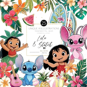 Niedliches Lilo und Stitch Clipart, Stich PNG, Lilo PNG, Tropisches Clipart, Hawaiianische Clipart, Luau-Party, Kinderzimmerkunst, Kinderkunst, Geburtstagsfeier