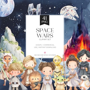Könnte beinhalten: Aquarell-Clipart-Set mit Charakteren und Elementen aus Space Wars. Das Bild zeigt Illustrationen ikonischer Charaktere, Raumschiffe und einer Burg vor einem Sternenhintergrund. Der Text auf dem Bild lautet "SPACE WARS CLIPART SET".