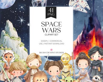 Space Wars Clipart Set, Kids Birthday Party Graphics (Digital Download)