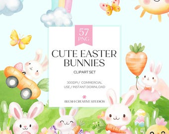 Watercolor Easter Bunny Clipart Bundle, Pastel Spring Graphics (Digital Download)