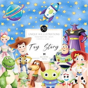 Clipart fofo de Toy Story, conjunto de clipart de Toy Story em aquarela, clipart estilo berçário, Buzz Lightyear, Woody, Forky, clipart caprichoso