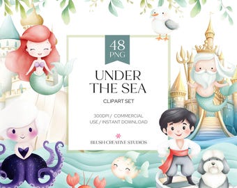 May include: A digital clipart set titled "Under the Sea" featuring various aquatic characters, including mermaids, a prince, and sea creatures. The image includes the text "48 PNG" and "Blush Creative Studios".