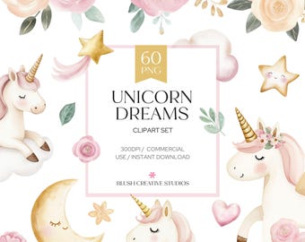 Paquete de imágenes prediseñadas de unicornios, gráficos de arcoíris en acuarela, elementos de fantasía en tonos pastel (descarga digital)