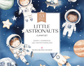 Watercolor Astronaut Clipart Bundle, Space Planets Rocket Graphics (Digital Download)