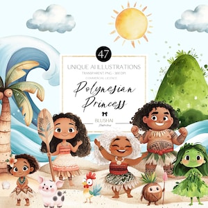 Süße Moana Clipart, Polynesische Prinzessin, Maui, Hawaiianische Clipart, Moana Geburtstag, süße Prinzessin Clipart, Kindergarten, Kid Art, kommerzielle Nutzung