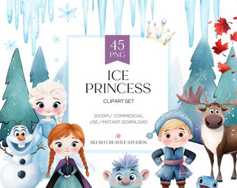 May include: Watercolor clipart set featuring characters and elements from a winter-themed story. Includes a princess, snowman, reindeer, and other figures. The text reads "Ice Princess Clipart Set" with "45 PNG" and "Blush Creative Studios".