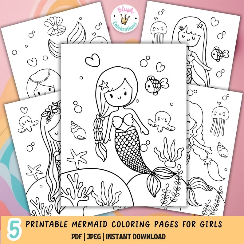 Printable Mermaid Coloring Pages for Girls Instant Download PDF & Jpeg Mermaid Coloring Sheets ...