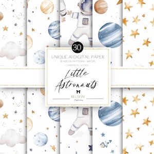 May include: Digital paper set featuring space-themed patterns with planets, stars, clouds, and astronauts. The color palette includes white, gold, and blue. The text "Little Astronauts" is displayed on the image.